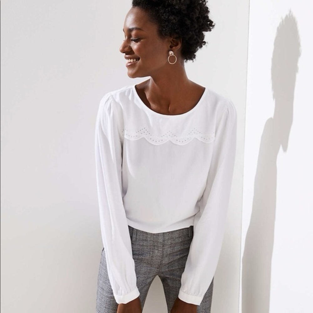 Loft Eyelet Cutout Back Blouse White Long Sleeve XL